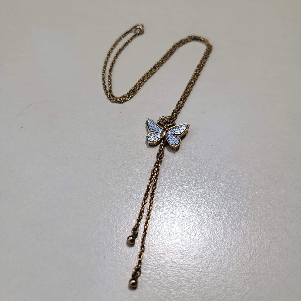 Vintage Avon Gold Tone Butterfly Lariat Necklace Blue White Adjustable Slide - Picture 2 of 10